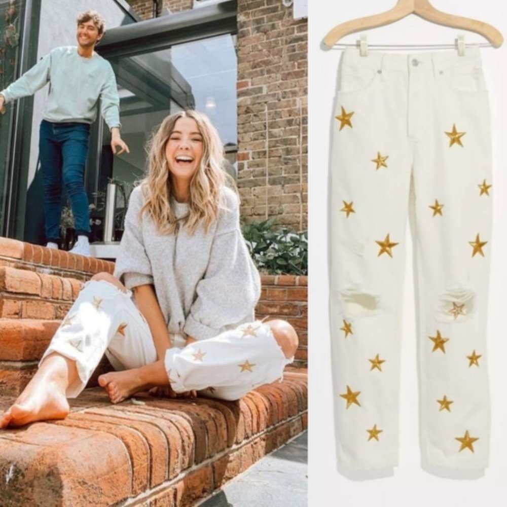 Free People Fast Times Star Embroidered Mom Jeans - 4th of July